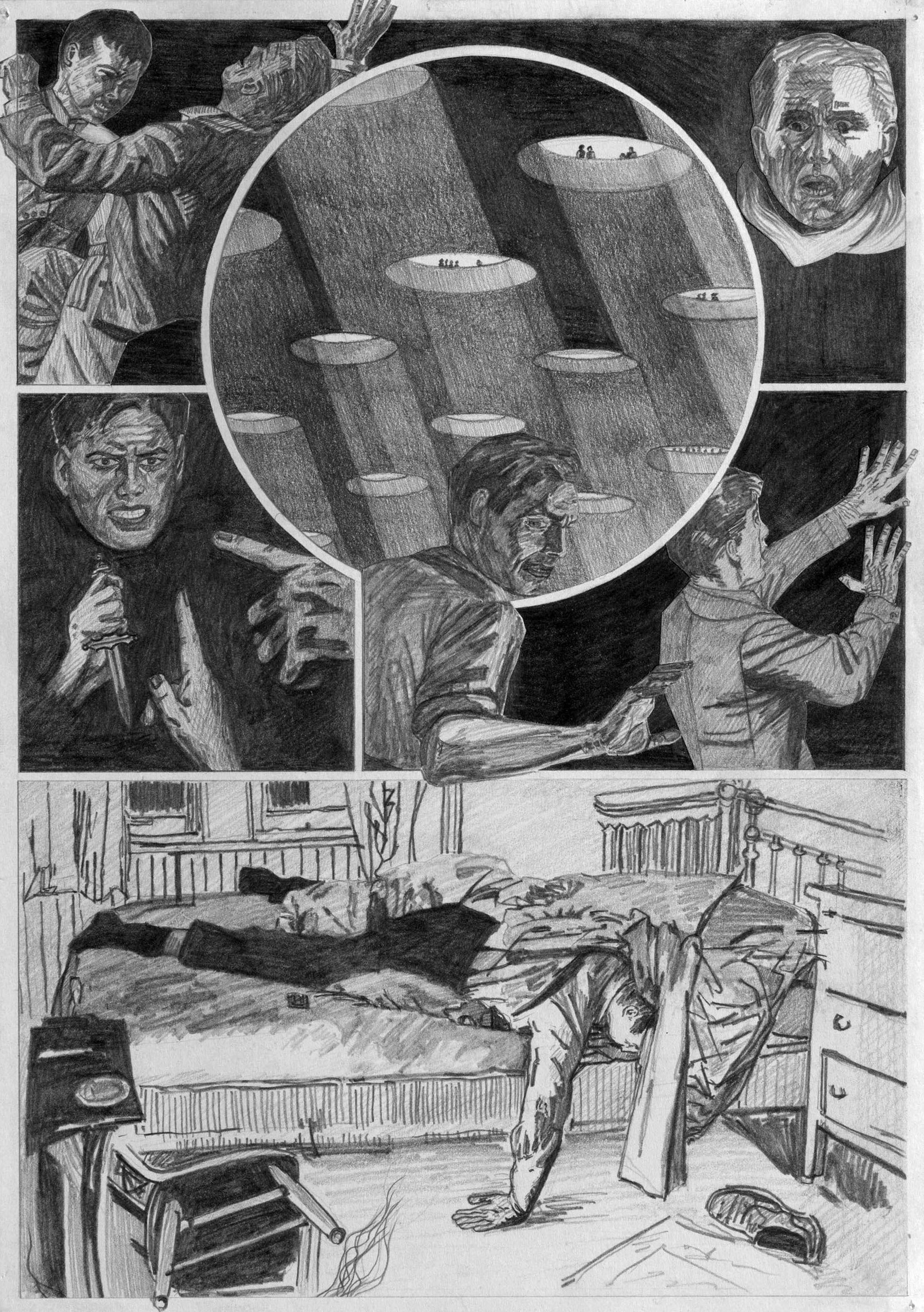 Artwork by Olivia Plender, The Masterpiece Part 4 - A Weekend in The Country, Made of graphite and printed paper collage on paper, in twenty-four parts