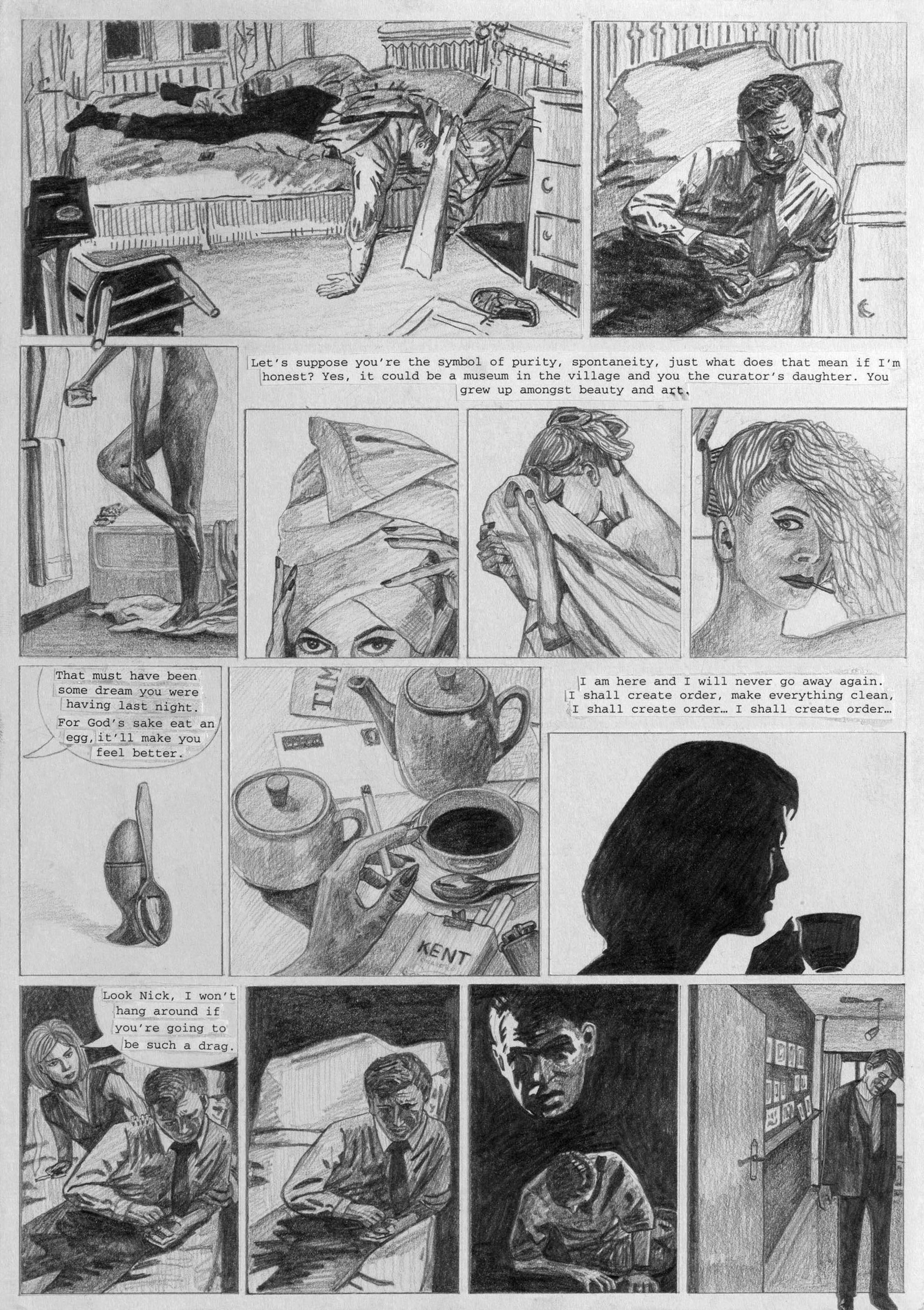 Artwork by Olivia Plender, The Masterpiece Part 4 - A Weekend in The Country, Made of graphite and printed paper collage on paper, in twenty-four parts