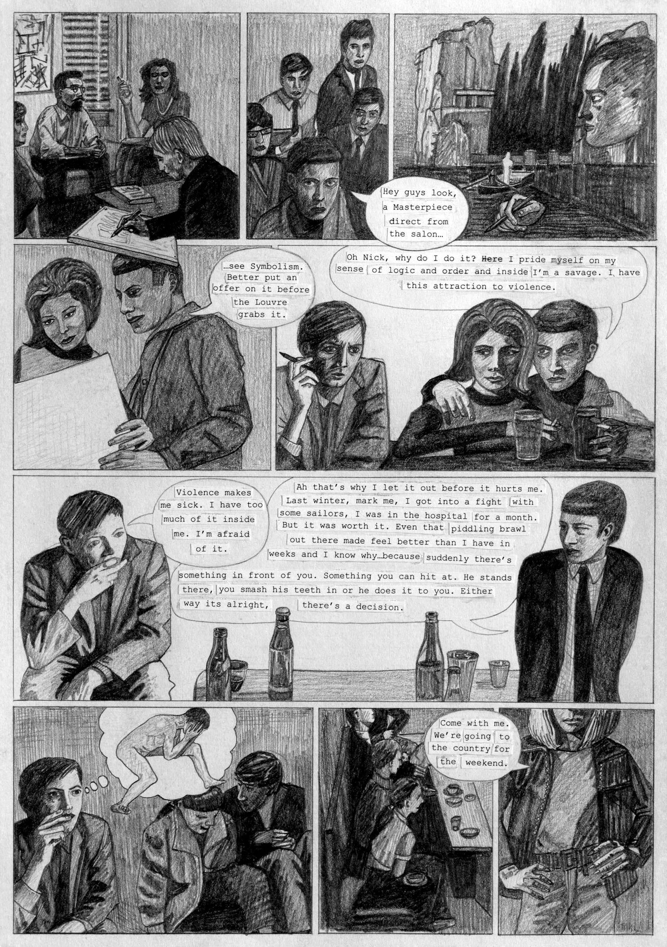 Artwork by Olivia Plender, The Masterpiece Part 4 - A Weekend in The Country, Made of graphite and printed paper collage on paper, in twenty-four parts