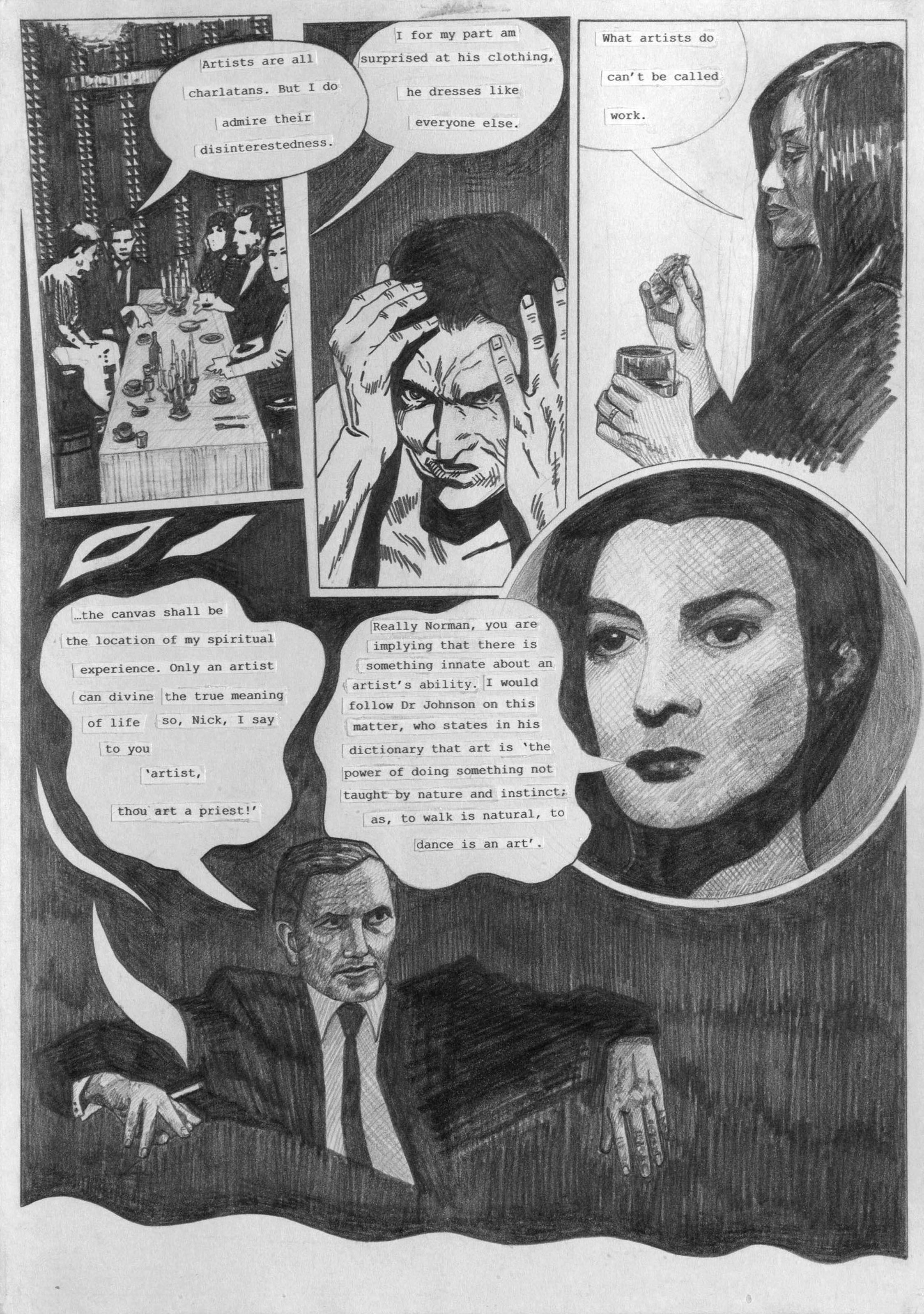 Artwork by Olivia Plender, The Masterpiece Part 4 - A Weekend in The Country, Made of graphite and printed paper collage on paper, in twenty-four parts