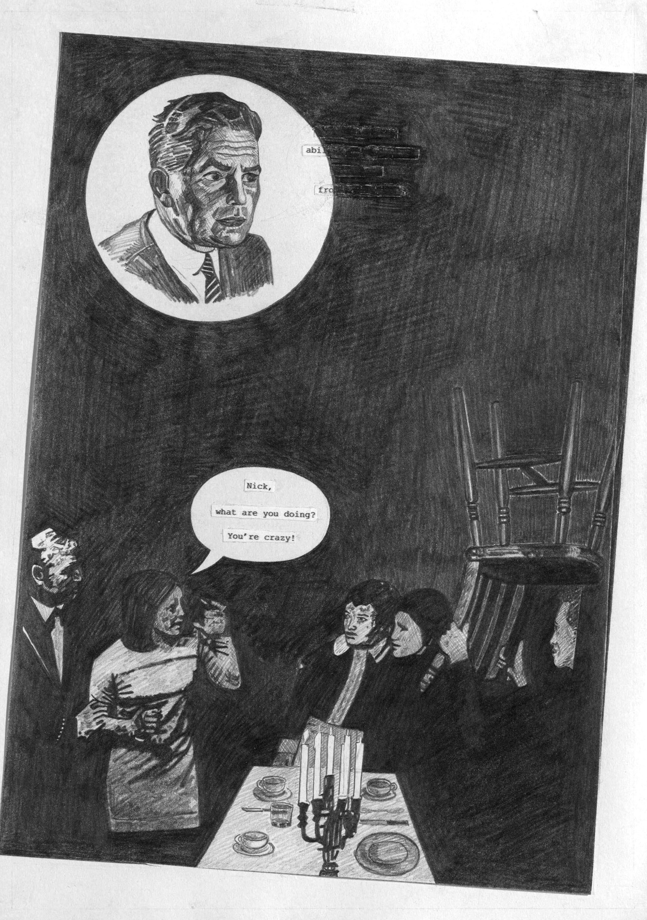Artwork by Olivia Plender, The Masterpiece Part 4 - A Weekend in The Country, Made of graphite and printed paper collage on paper, in twenty-four parts