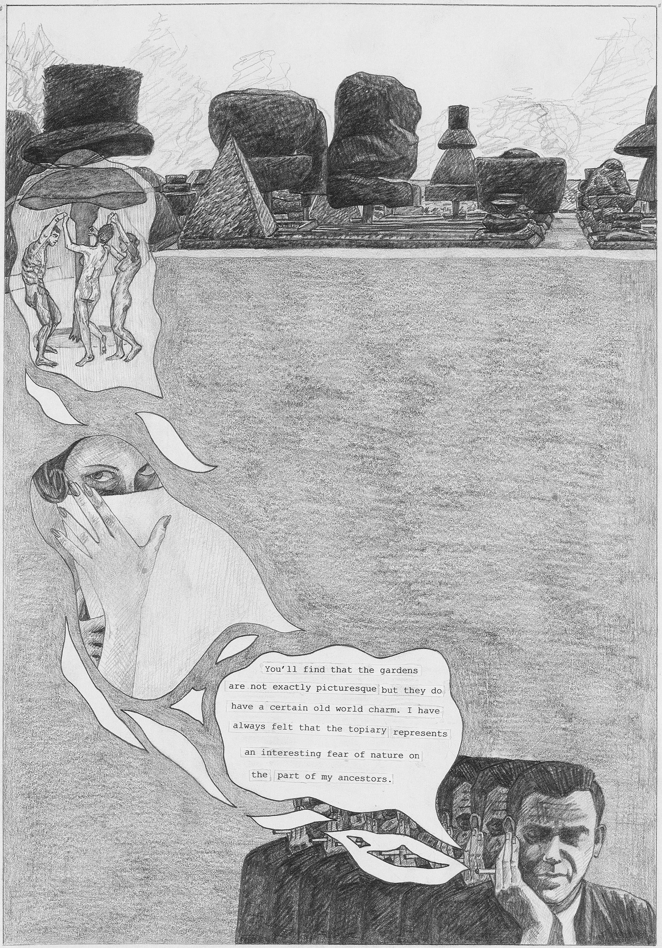 Artwork by Olivia Plender, The Masterpiece Part 4 - A Weekend in The Country, Made of graphite and printed paper collage on paper, in twenty-four parts