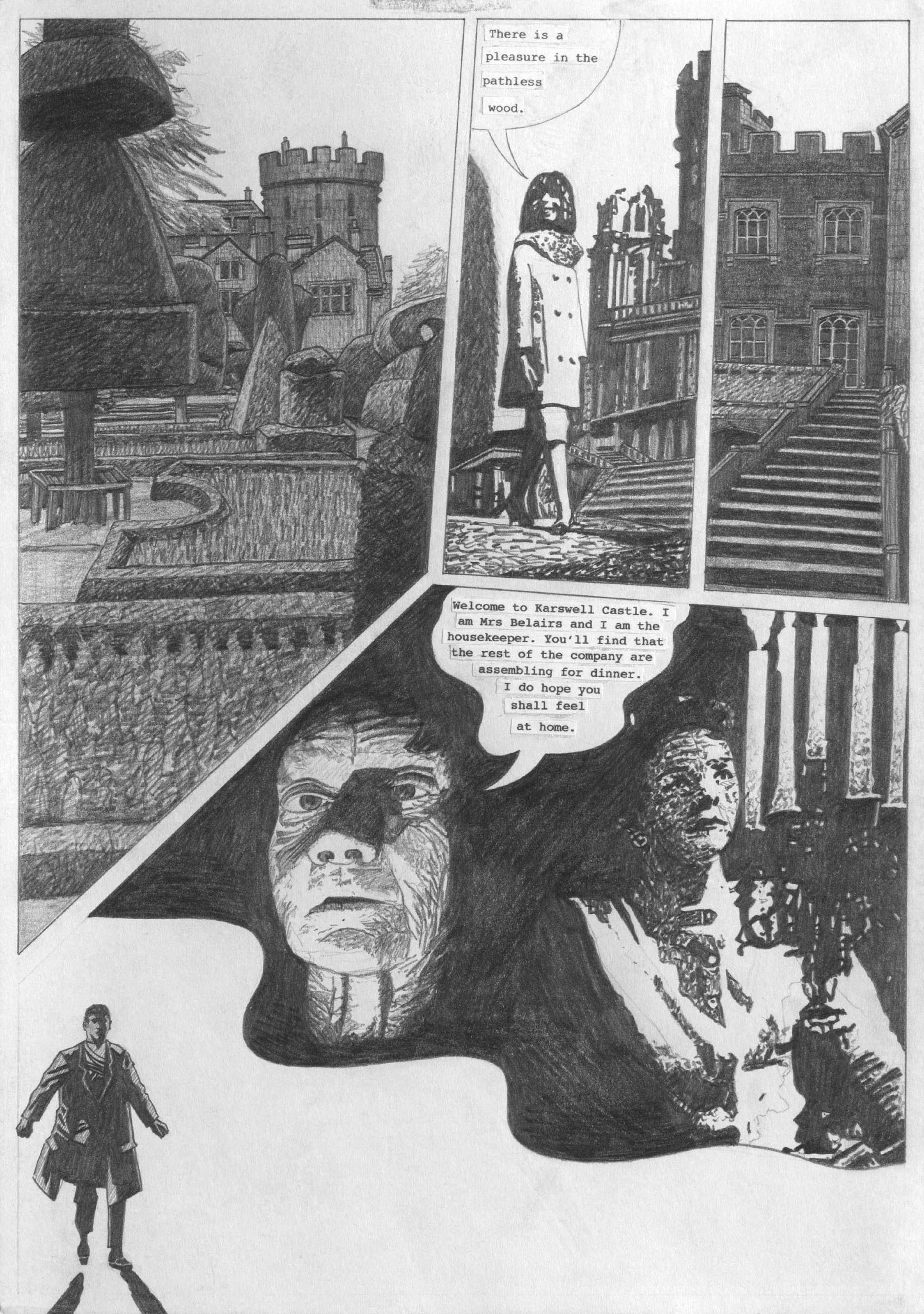 Artwork by Olivia Plender, The Masterpiece Part 4 - A Weekend in The Country, Made of graphite and printed paper collage on paper, in twenty-four parts