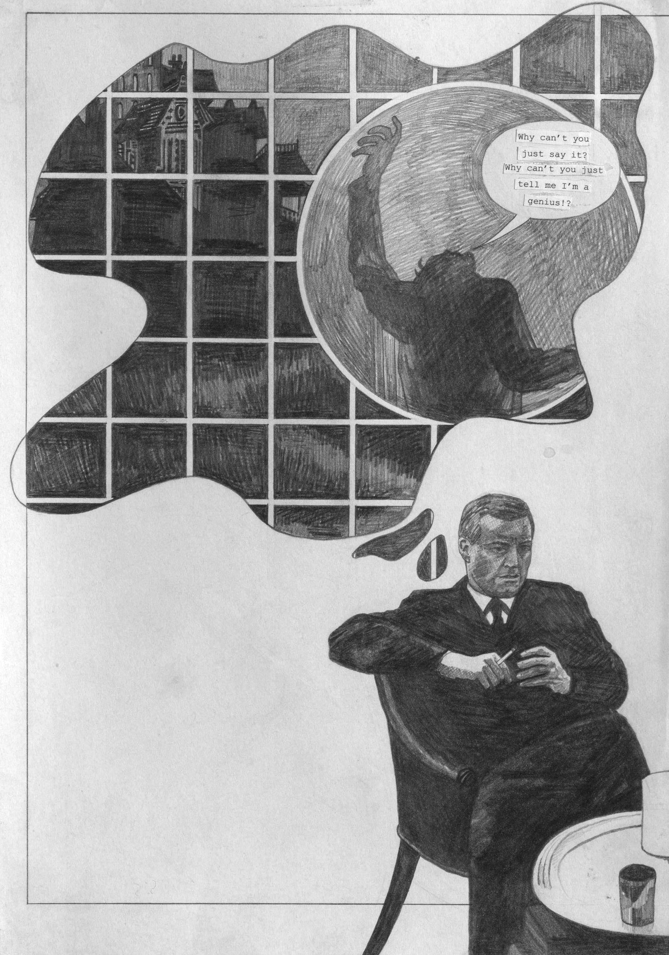 Artwork by Olivia Plender, The Masterpiece Part 4 - A Weekend in The Country, Made of graphite and printed paper collage on paper, in twenty-four parts