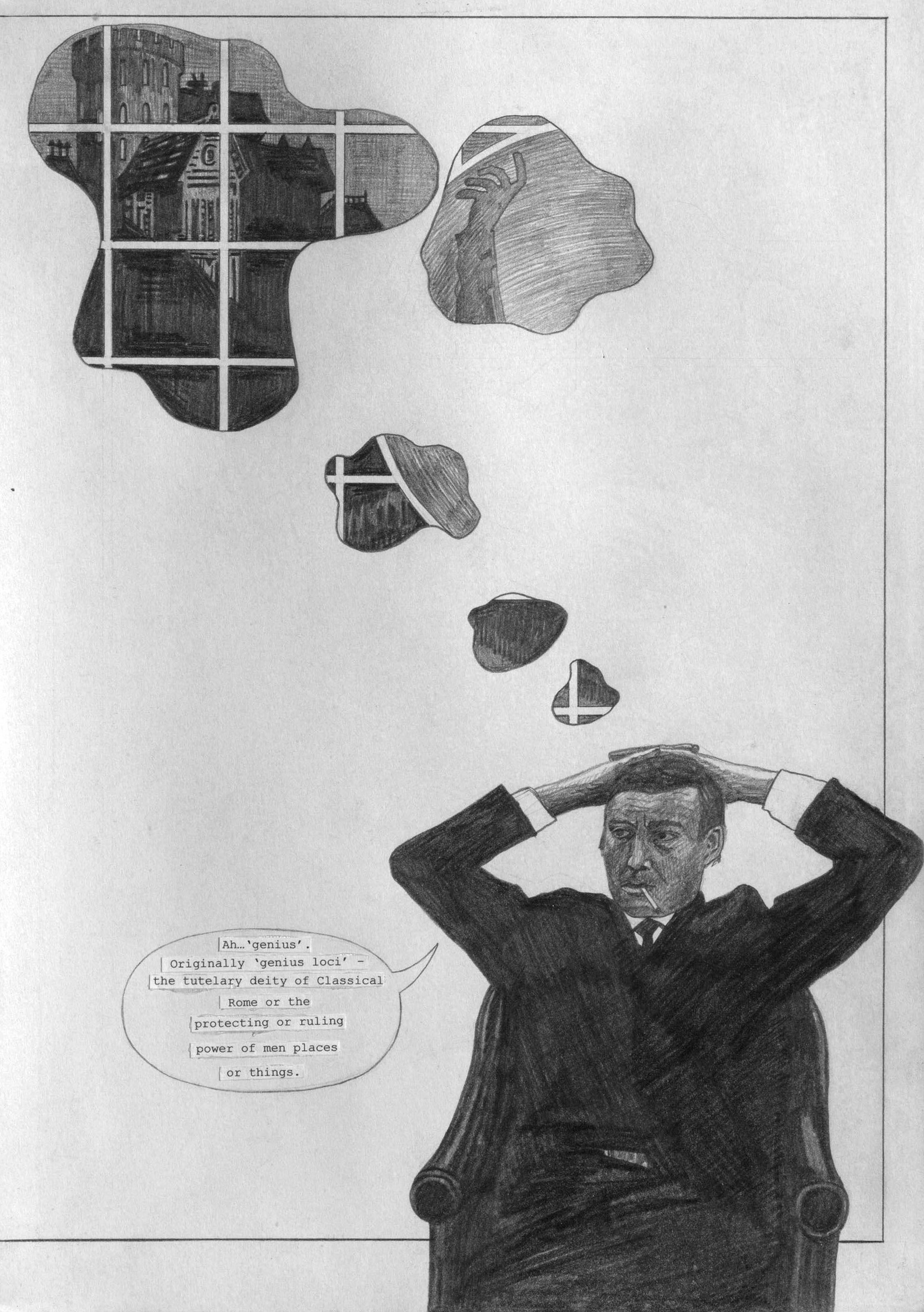 Artwork by Olivia Plender, The Masterpiece Part 4 - A Weekend in The Country, Made of graphite and printed paper collage on paper, in twenty-four parts