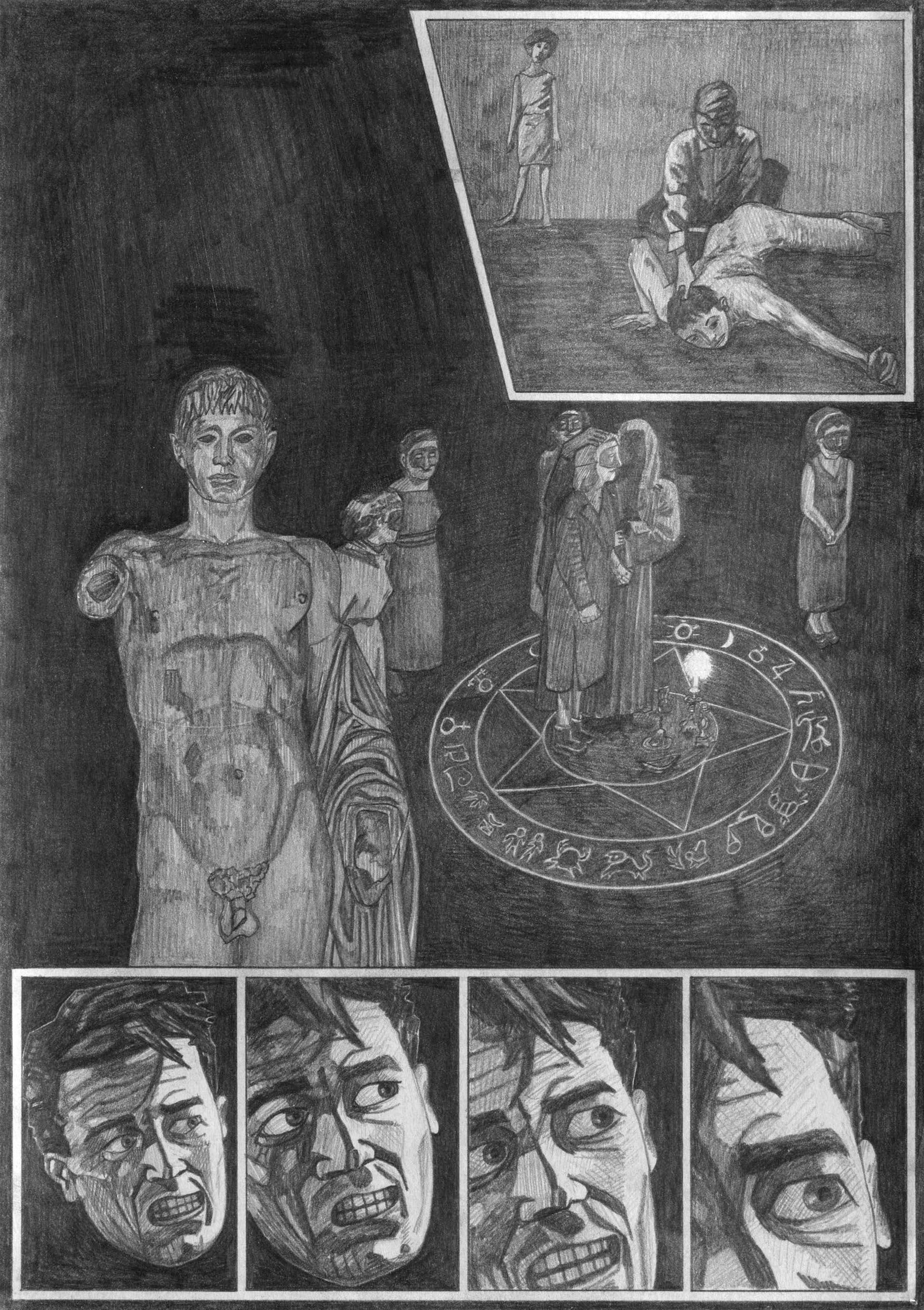 Artwork by Olivia Plender, The Masterpiece Part 4 - A Weekend in The Country, Made of graphite and printed paper collage on paper, in twenty-four parts