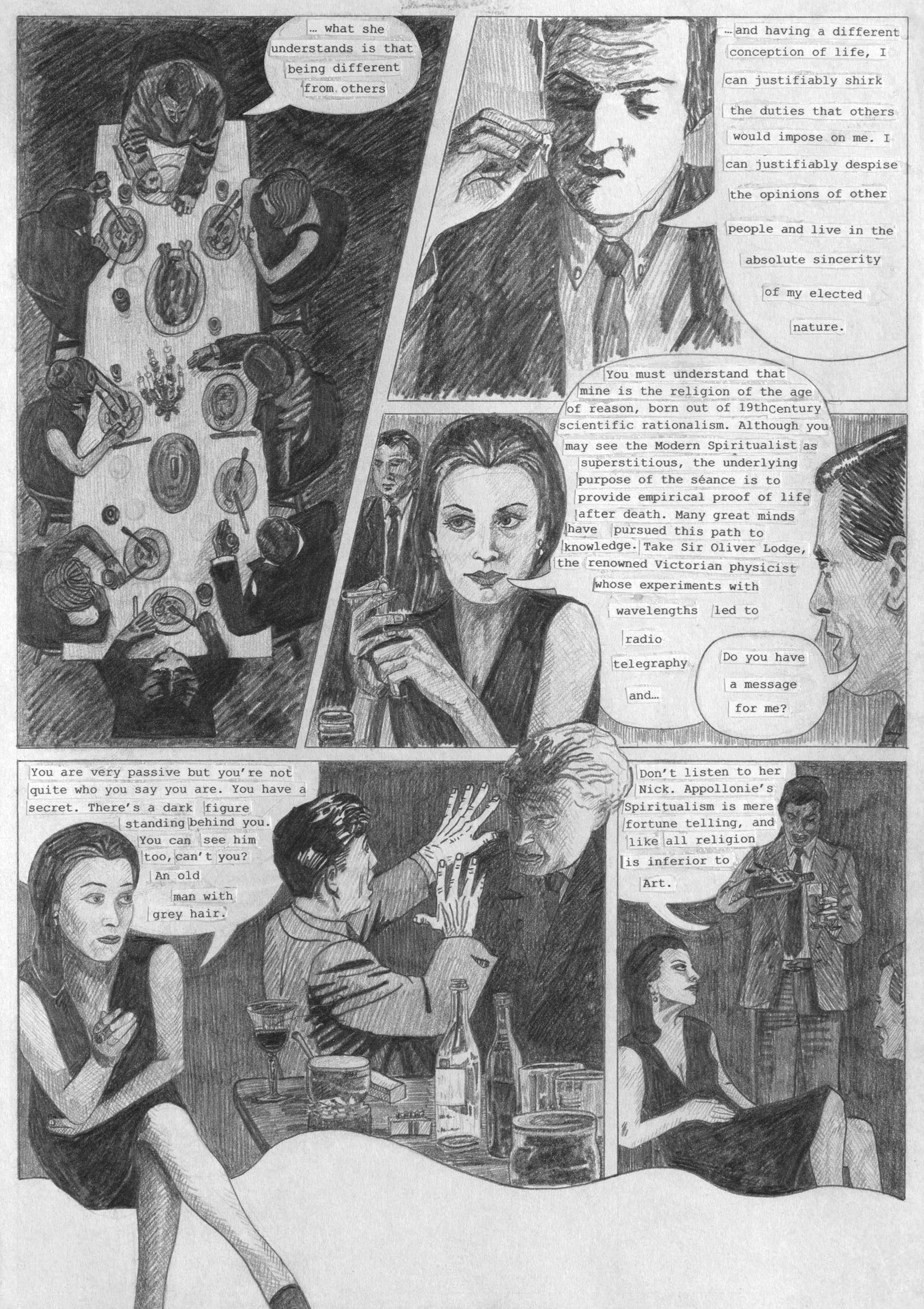 Artwork by Olivia Plender, The Masterpiece Part 4 - A Weekend in The Country, Made of graphite and printed paper collage on paper, in twenty-four parts