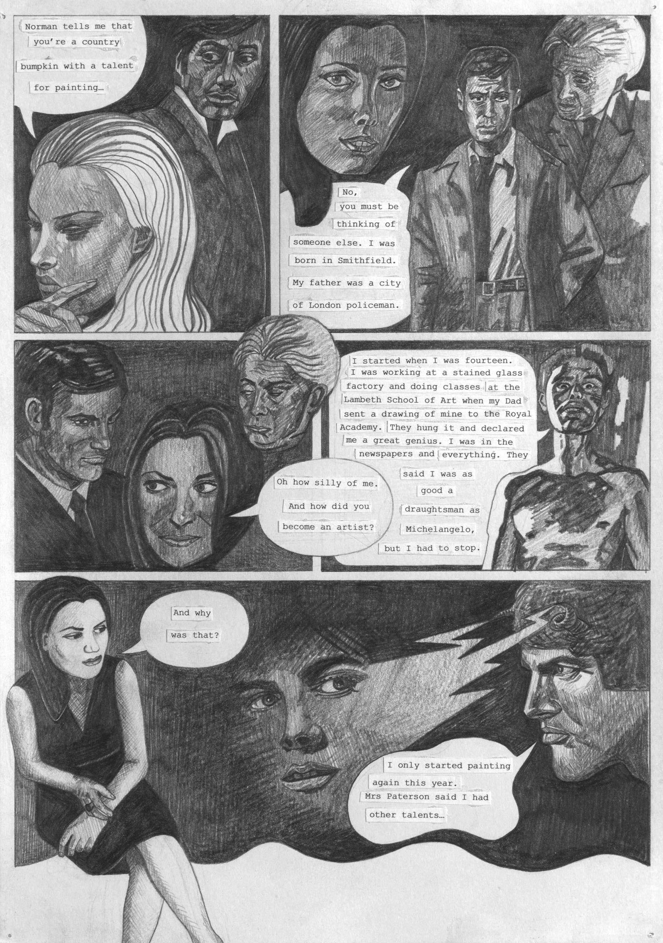 Artwork by Olivia Plender, The Masterpiece Part 4 - A Weekend in The Country, Made of graphite and printed paper collage on paper, in twenty-four parts