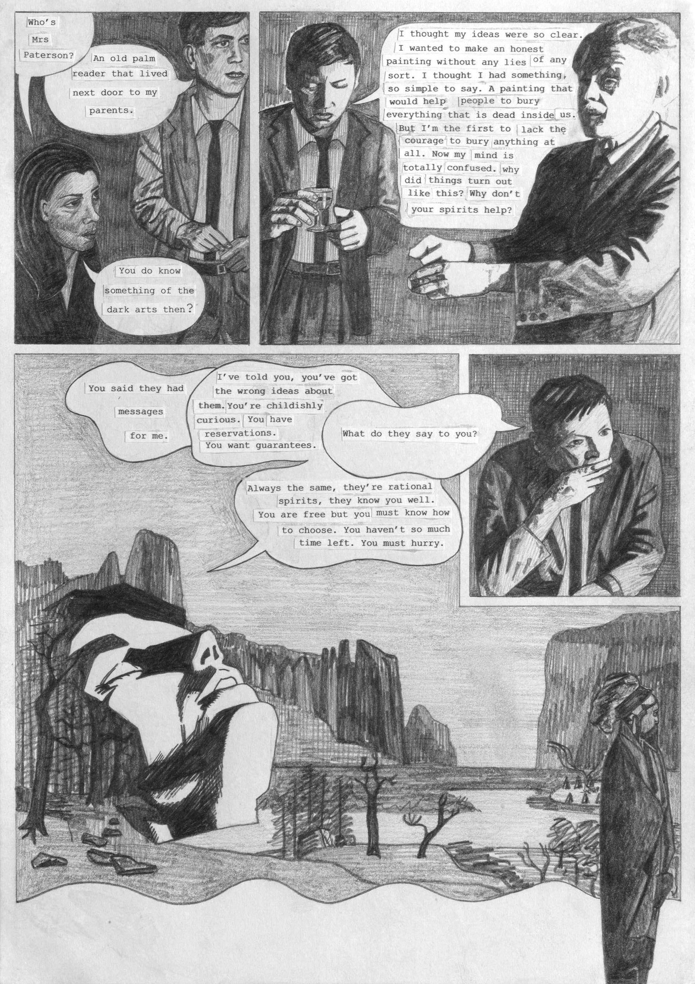 Artwork by Olivia Plender, The Masterpiece Part 4 - A Weekend in The Country, Made of graphite and printed paper collage on paper, in twenty-four parts