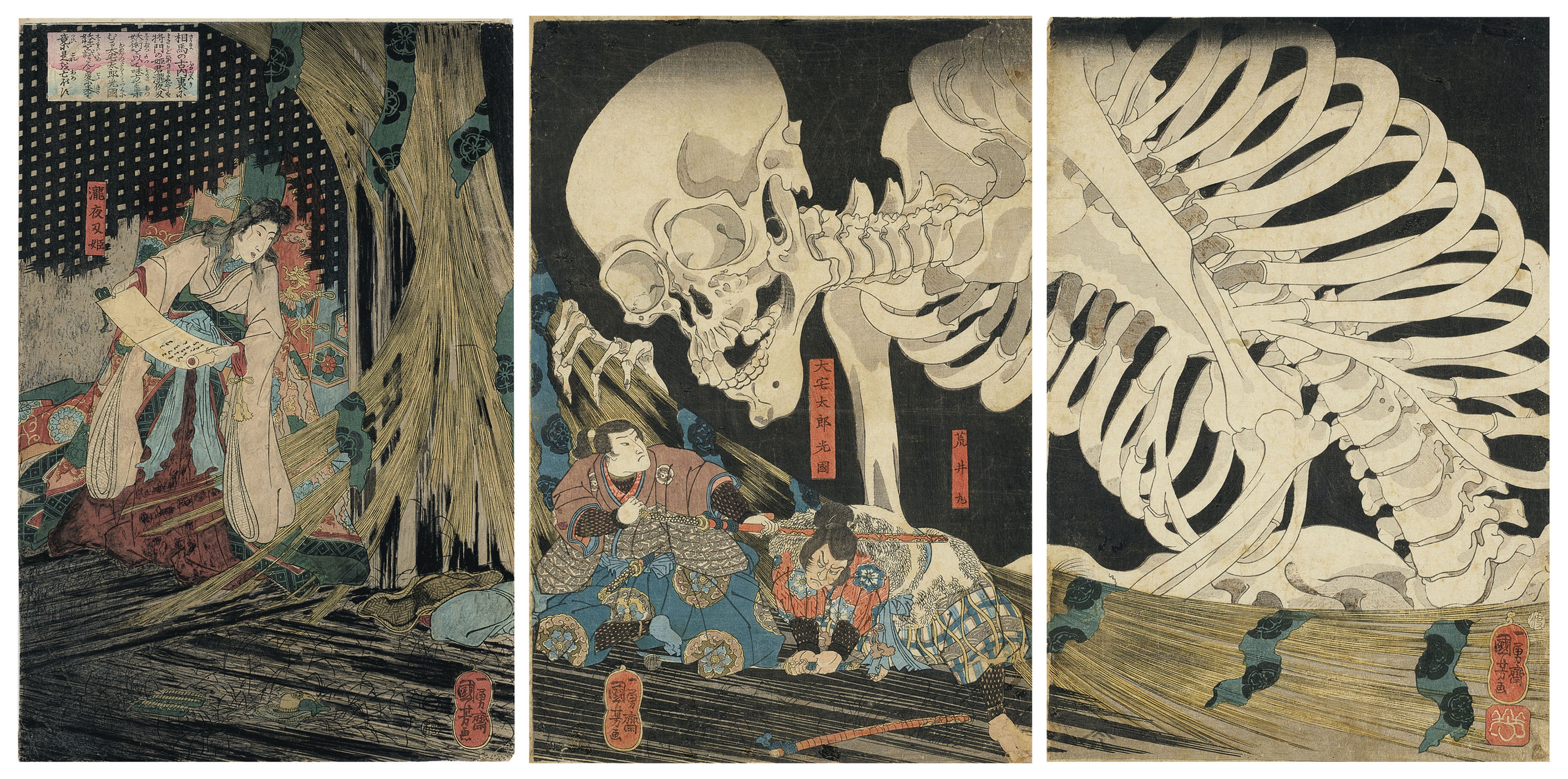 Utagawa Kuniyoshi | Mitsukuni defying the skeleton spectre 