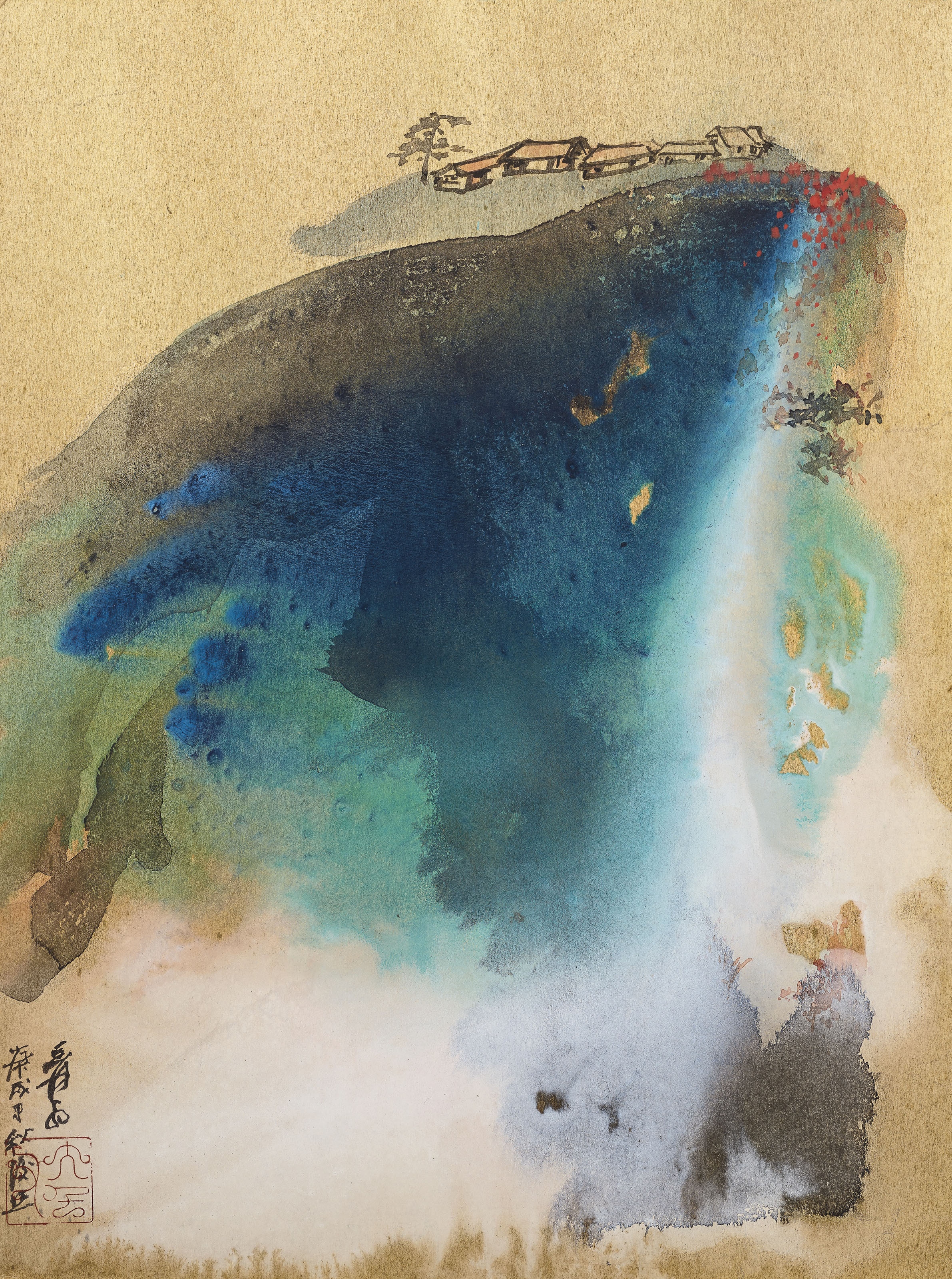 Artwork by Zhang Daqian, Mountain Living in Autumn, Made of Scroll, mounted and framed, ink and color on Japanese gold board