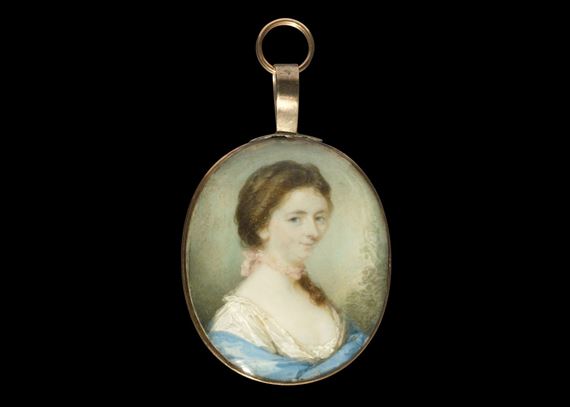 Portrait miniature of a lady in a white dress and blue stole and pink lace choker tied in a bow at the nape of her neck, her dark upswept hair falling in a curl over her left shoulder by Jeremiah Meyer