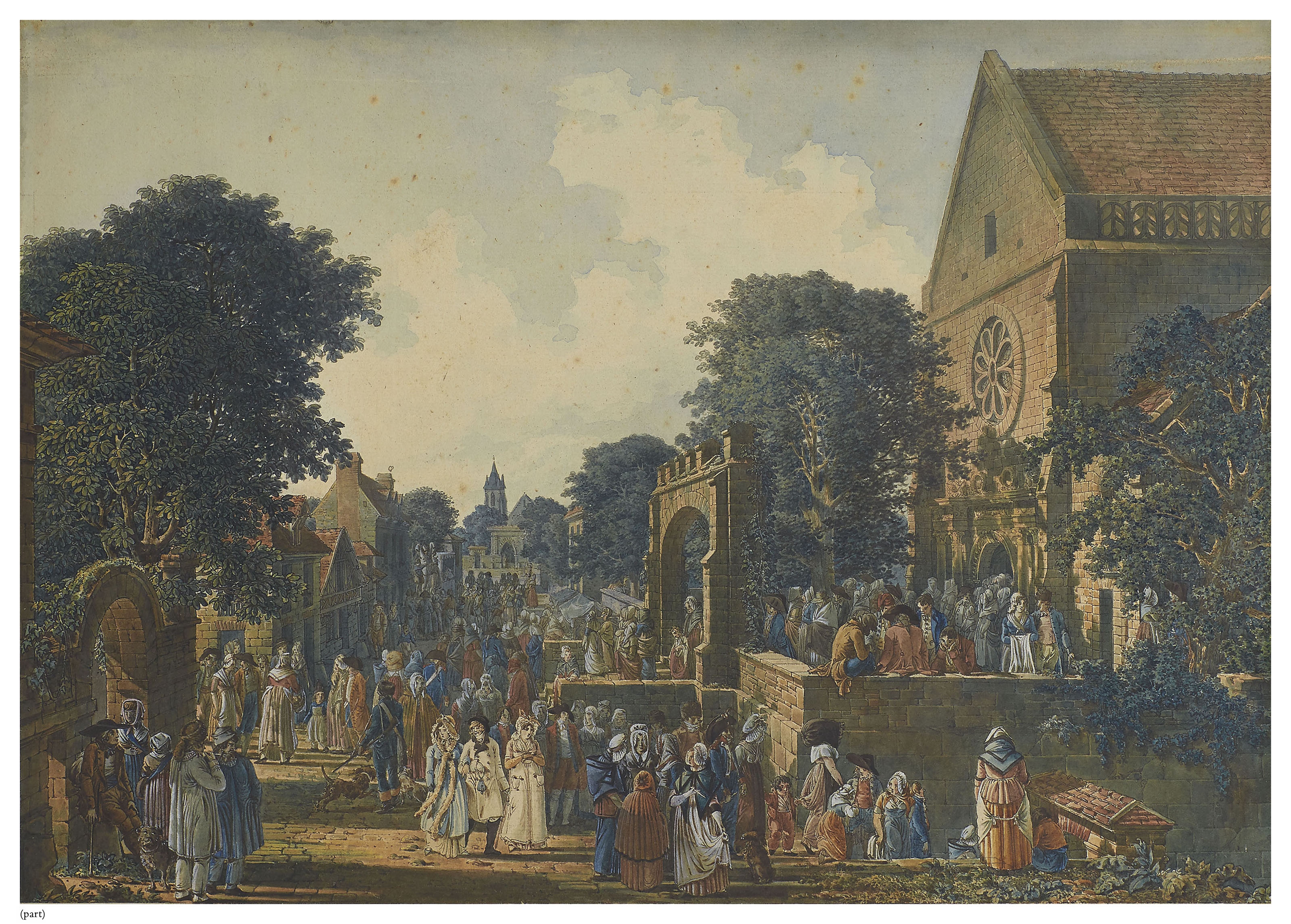 Artwork by Charles Stanislas L'Éveillé, Les incroyables et merveilleuses devant l'Ancienne Comédie de Meaux, Made of WATERCOLOUR