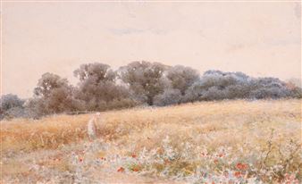 Girl seated on some steps with sunflowers; Girl in a summer field - Alice Squire