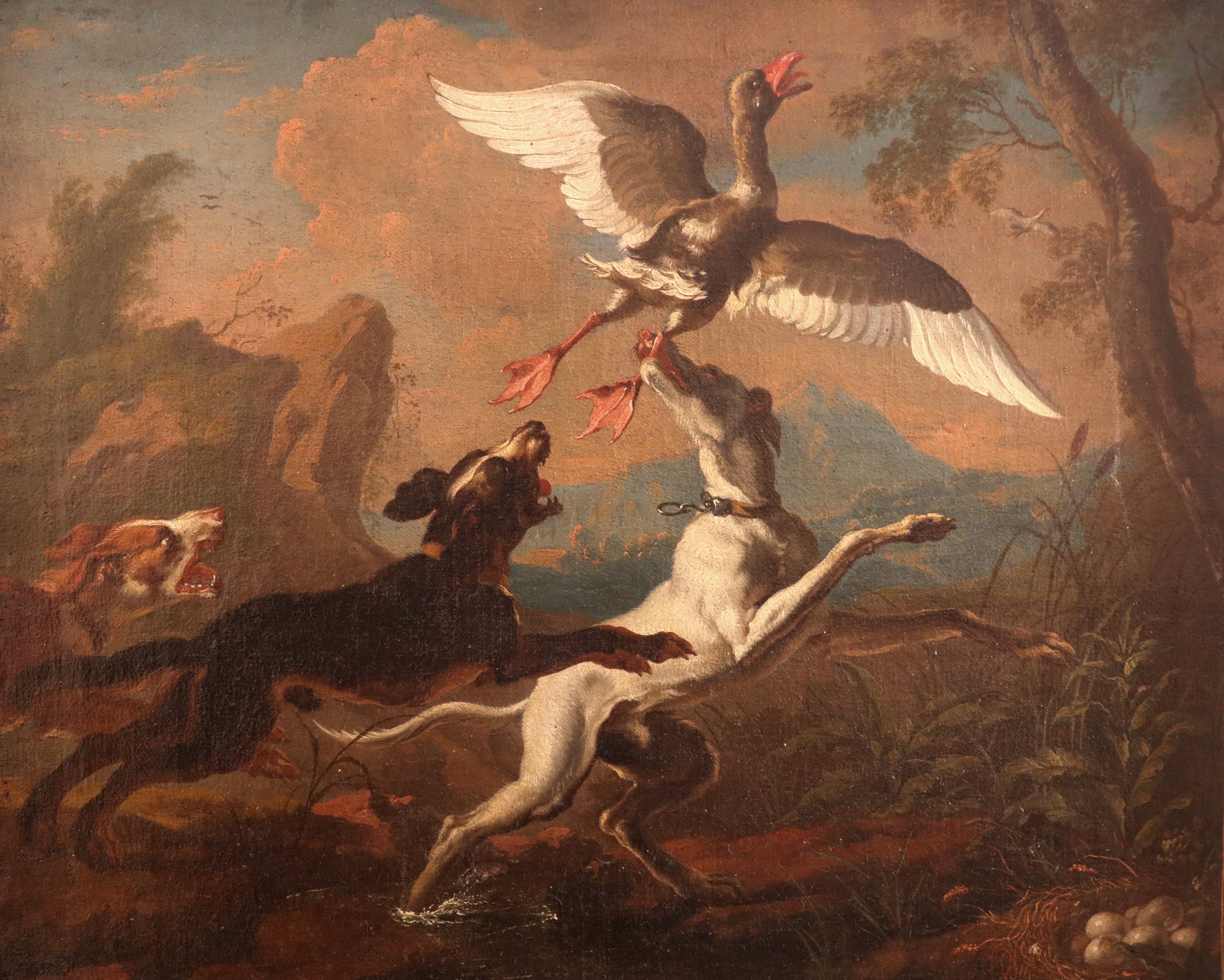 (2)Hounds putting up a nesting swan; Hounds capturing a nesting goose by Abraham Hondius