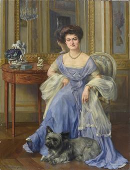 Madame et son chien dans un intérieur - Rodolphe Bereny