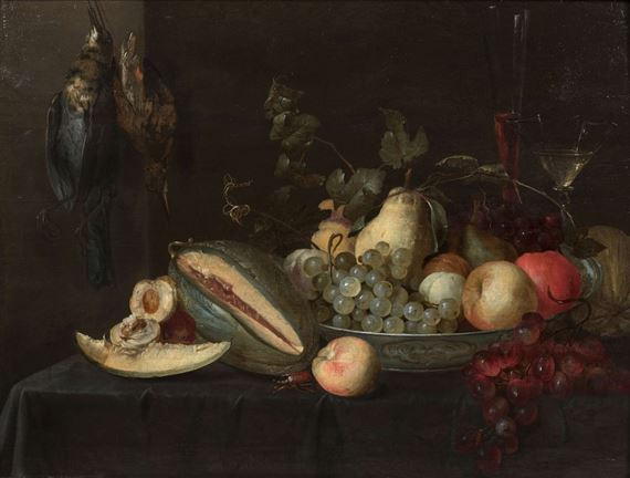 Coupe de fruits sur un entablement et oiseaux suspendus by Pieter van Overschee