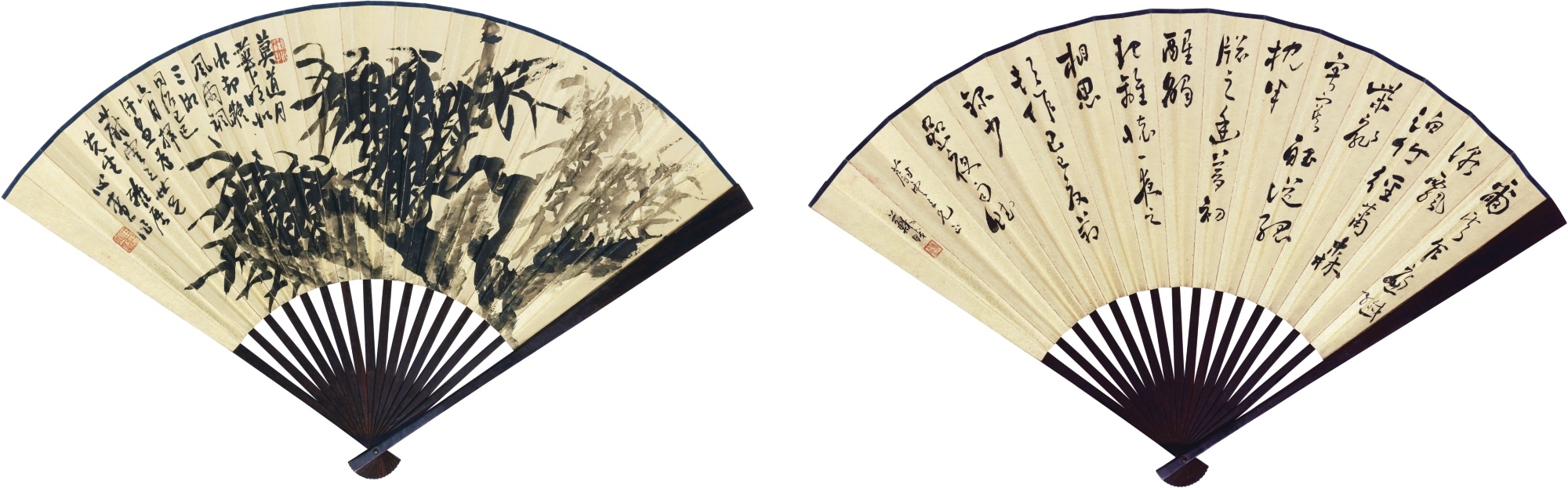 Artwork by Zhong Yingnan, Su Mengyu, BAMBOO AND CALLIGRAPHY, Made of ink on gold paper, folding fan