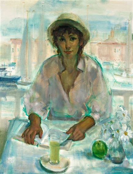 Woman Reading with a View of Yachts by Clement Serneels, 1986