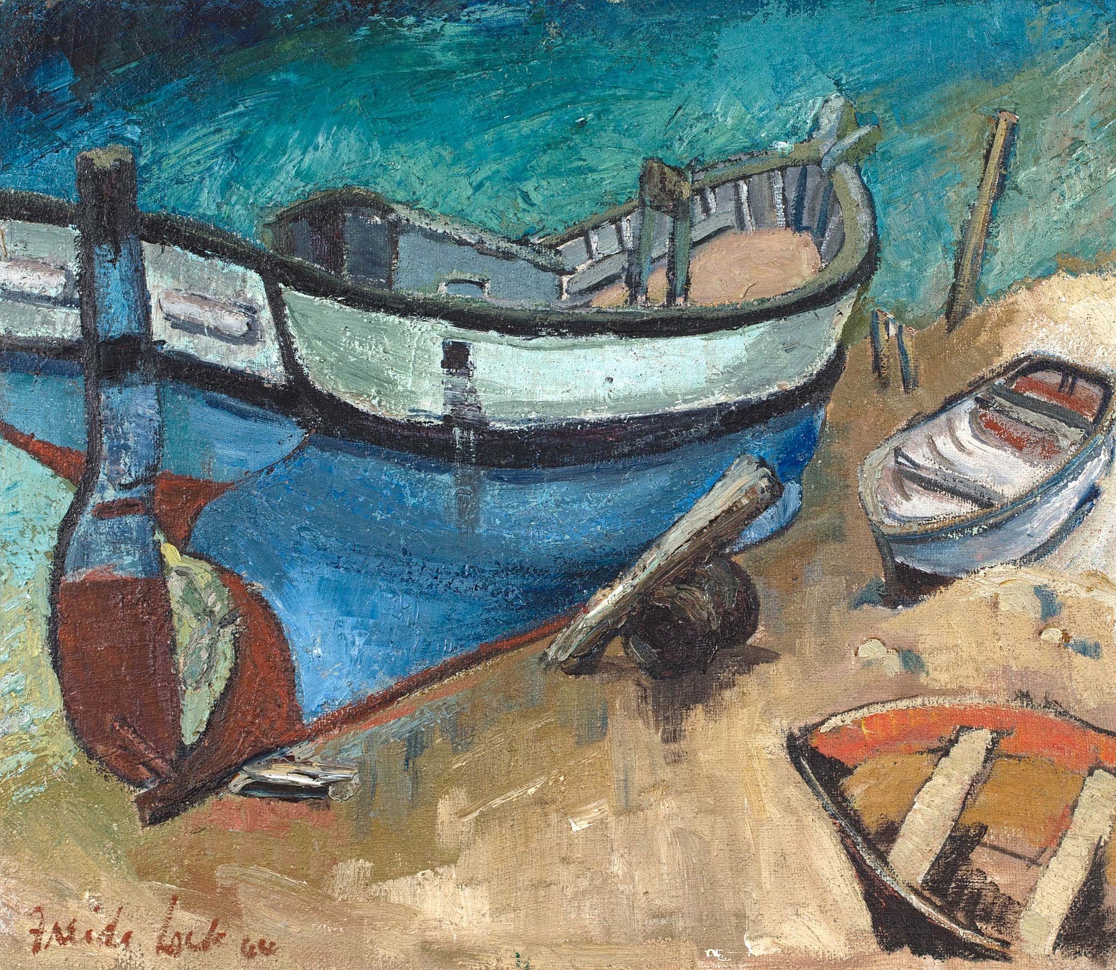 Freida Lock | Fishing Boats on the Beach (1944) | MutualArt