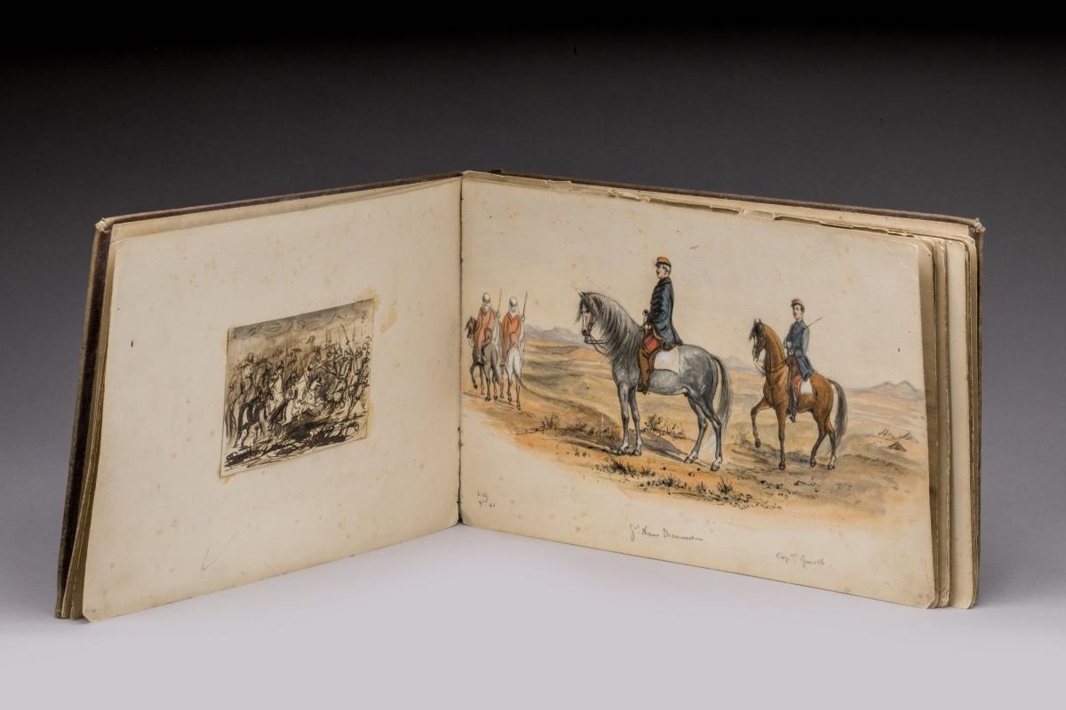 Artwork by Pierre Florentin Louis Guioth, Album souvenir et personnel de l'officier stagiaire Guioth, Made of pencil and pen sketches, enhanced with watercolour and pastel