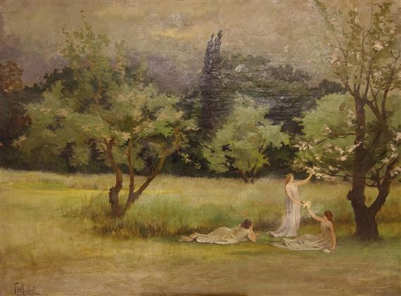 Jeunes femmes dans un jardin by Symbolism School, 1905
