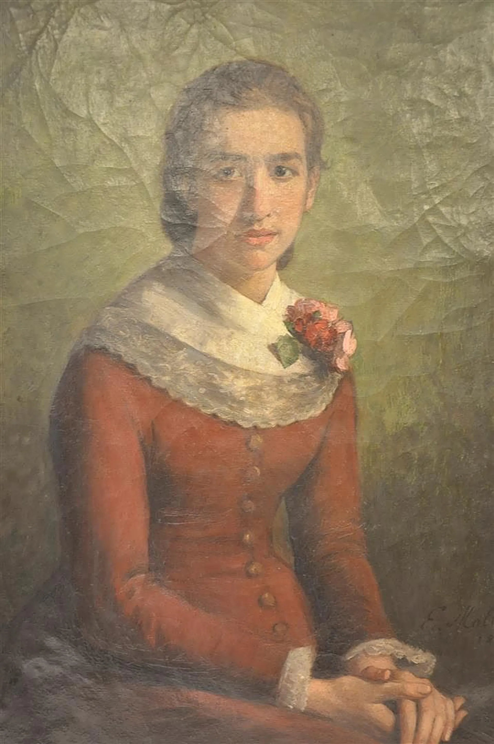 Artwork by Ernest Mollet, Jeune fille au col de fleurs, Made of Oil on canvas