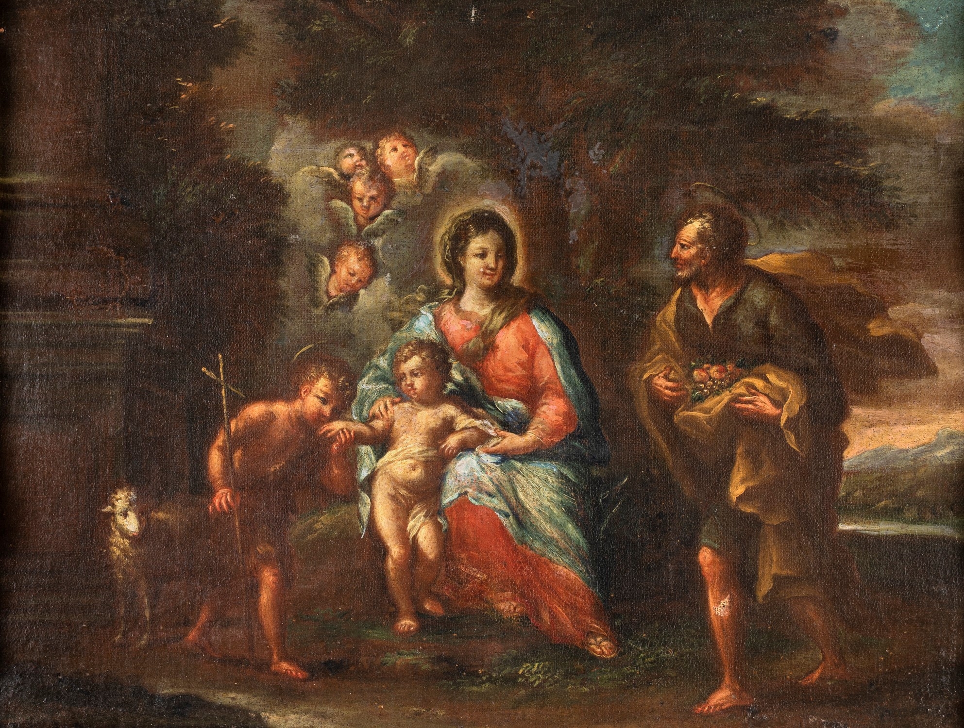 Sacra Famiglia con San Giovannino, agnello e angeli by Roman School, 18th Century