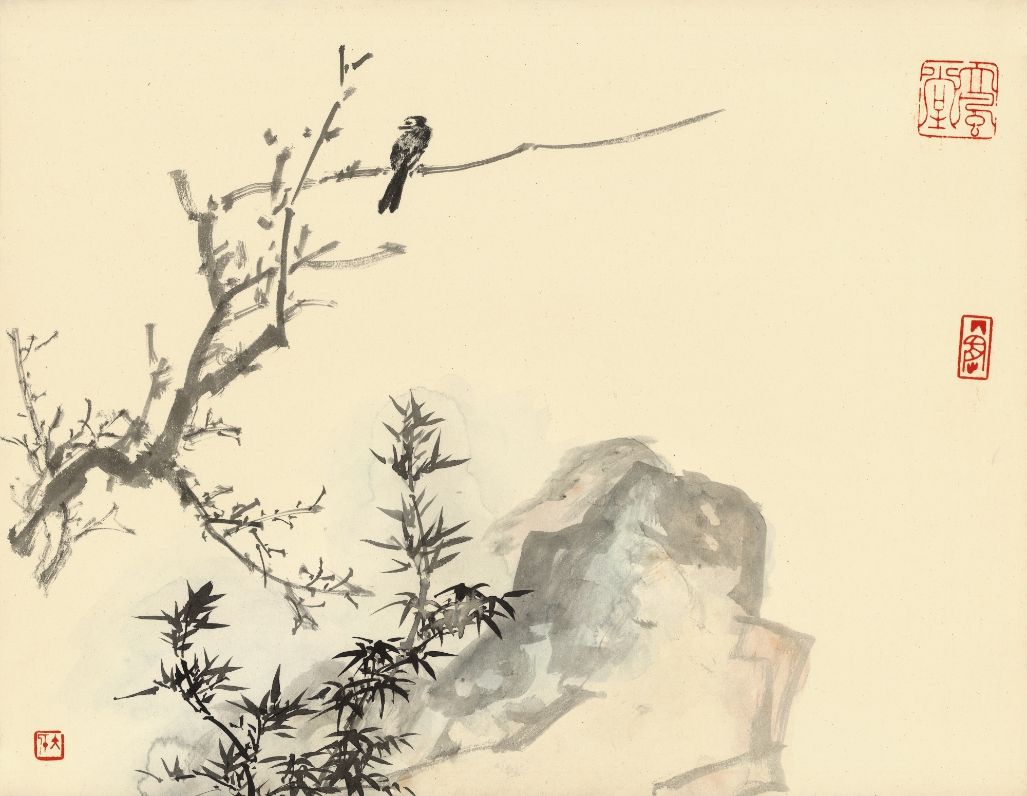 Artwork by Zhang Daqian, Bird Perching on Branch, Made of ink and colour on cardboard, framed