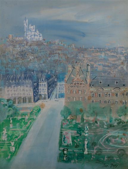 Vue aérienne de Paris: le jardin des Tuileries et la Basilique du Sacré Cœur de Montmartre by Jean Dufy