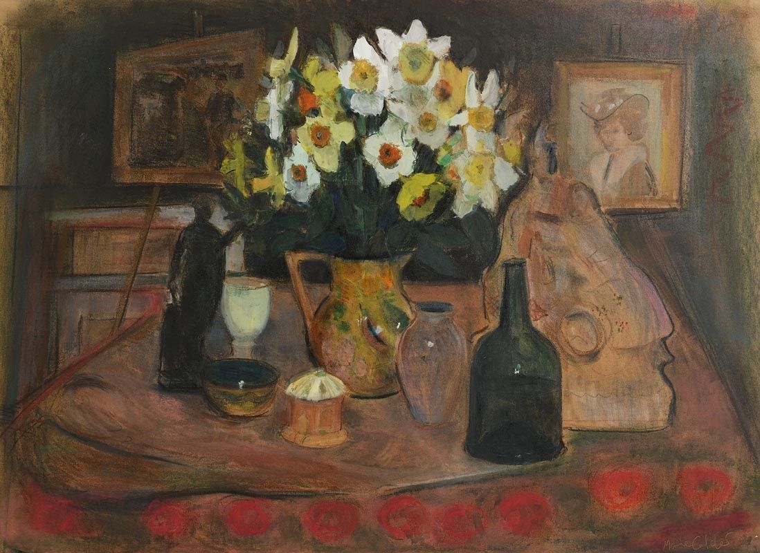 Artwork by Marie Calder, Still Life on Tabletop, Made of mixed media on board
