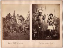 Kanak en deuil, Case en construction du Grand Chef Philippe à Hienghène, la grande case calédonienne en forme de ruche, Pilou Pilou la danse guerrière, Hortense et Samuel la Reine et le chef de l'île des Pins, Samuel avec sa hâche ostensoir et Hortense entourés de quelques familiers, pirogues du chef Samuel à Vao île des Pins, le kiosque à musique place des Cocotiers à Nouméa, le Palais du... by Allan Hughan, 1876- 1881