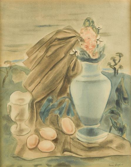Still life with a vase of flowers and eggs by Frances Hodgkins
