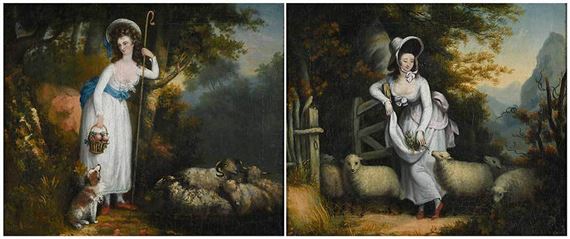 A diptych of pastoral scenes featuring a woman in white with sheep and a dog.
