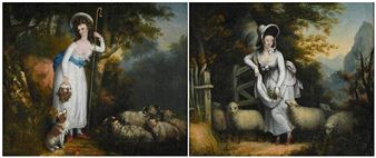 A diptych of pastoral scenes featuring a woman in white with sheep and a dog.