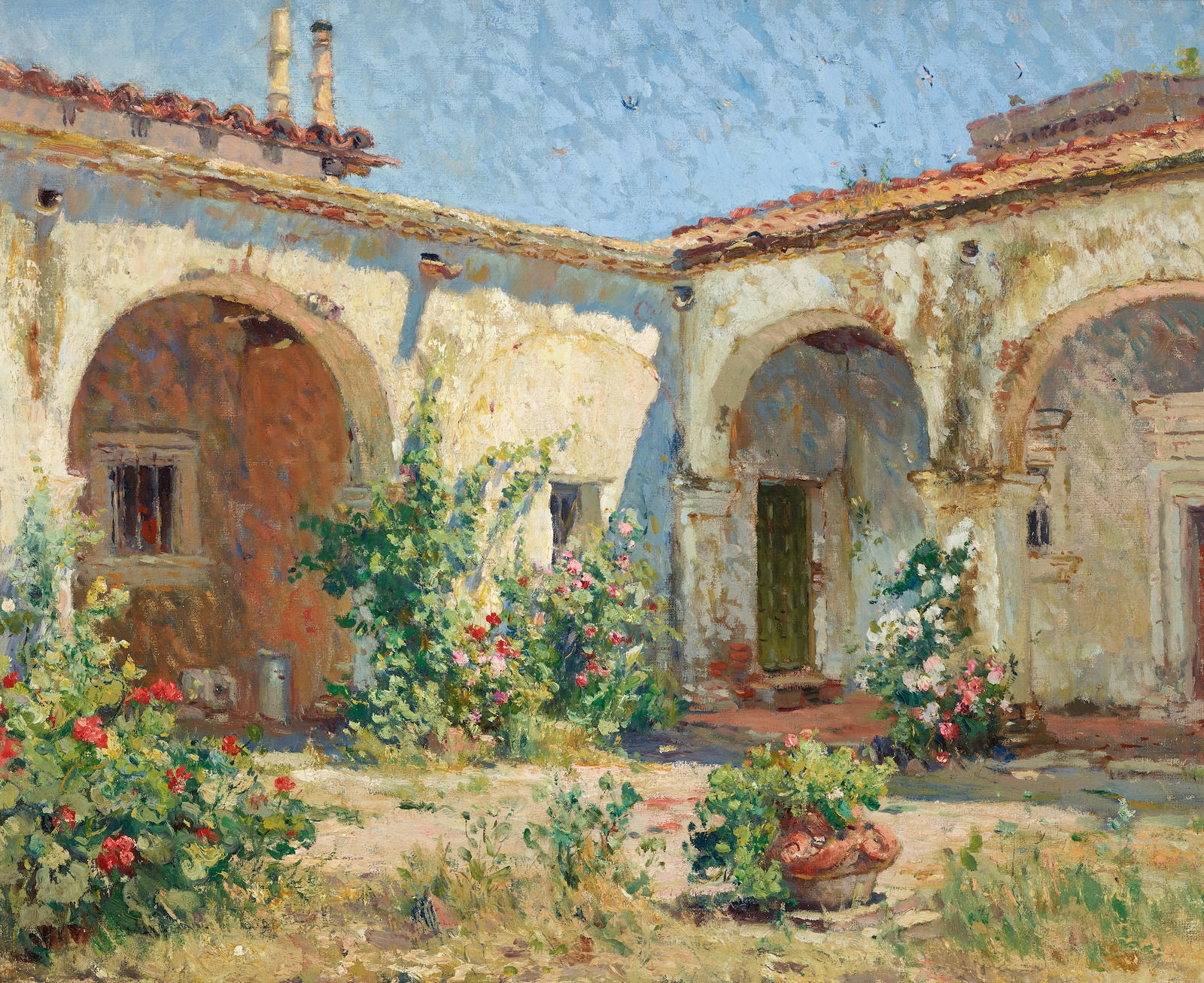 Artwork by Colin Campbell Cooper, Mission Courtyard (San Juan Capistrano), Made of oil on canvas
