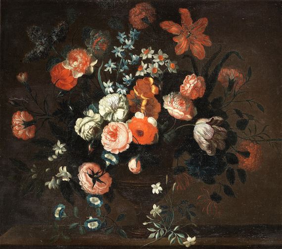 Tulips, narcissi, roses, convolvulus and other flowers in an urn on a table-top by Pieter Hardimé