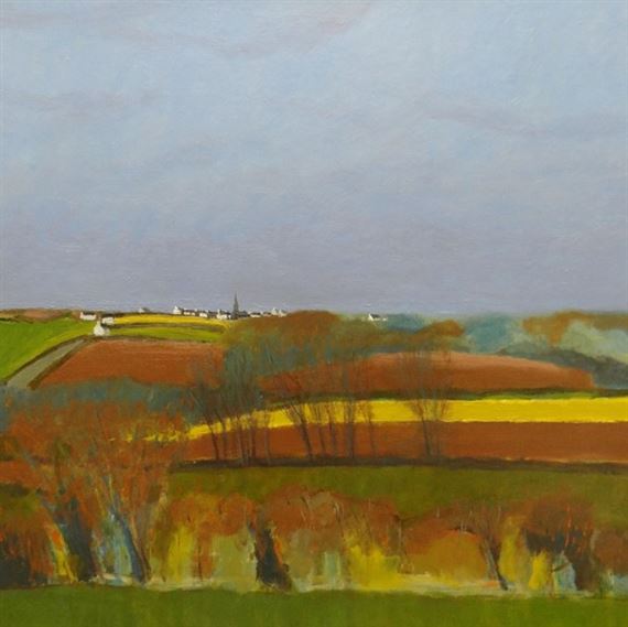George Leon Little | Hilltop village with church, fields and blue sky ...