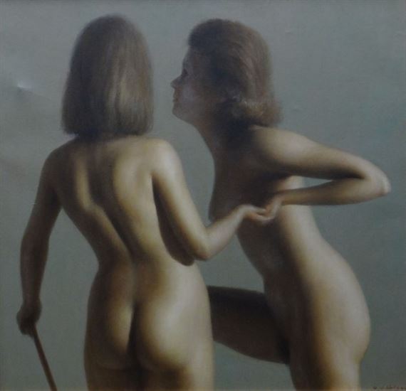 A study of two nude figures, one helping the other step up by Harry Holland