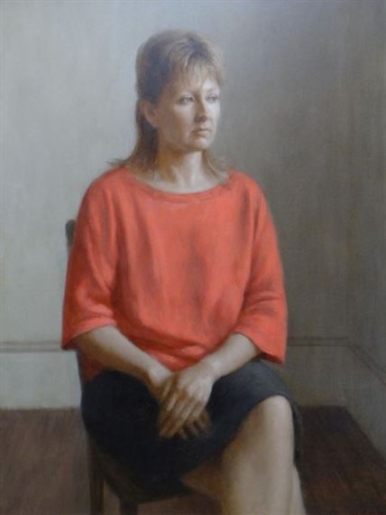 Portrait of a seated lady in pink shirt by Harry Holland