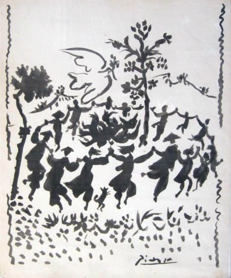 A black ink print on paper depicting a joyful gathering of figures dancing in a field with trees and a bird.