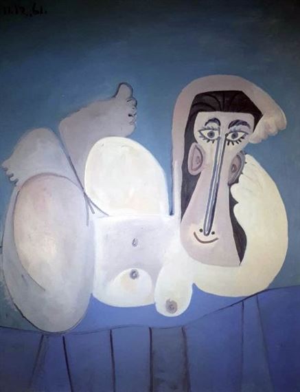 A stylized portrait of a figure with an elongated face and abstract body forms against a blue background.