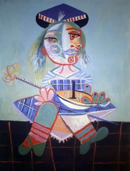 A colorful, stylized portrait of a seated figure holding a boat and a wand.