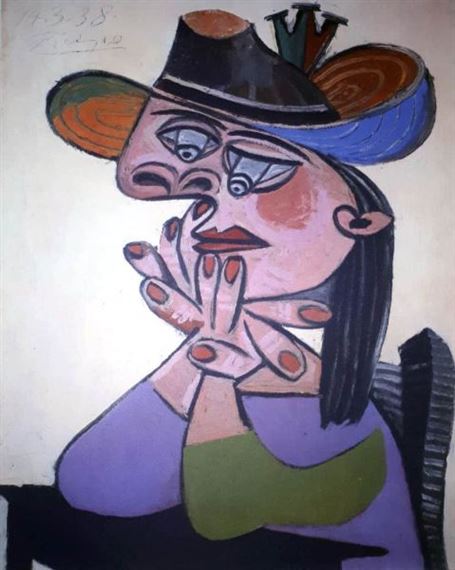 A stylized portrait of a figure in a wide-brimmed hat with hands clasped near the face.