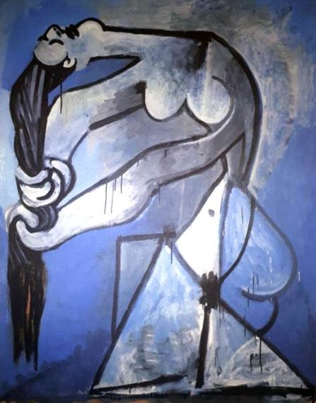 A stylized figure in a blue and white palette, depicted with elongated limbs and expressive lines.