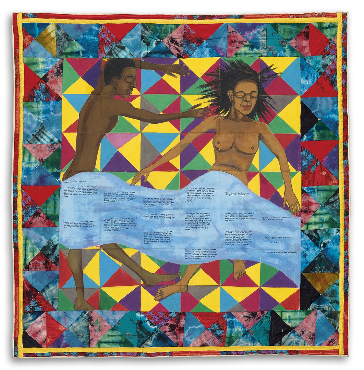 Artwork by Faith Ringgold, Sleeping: Lover's Quilt #2, Made of Acrylic on canvas and pieced tie dyed and printed fabrics