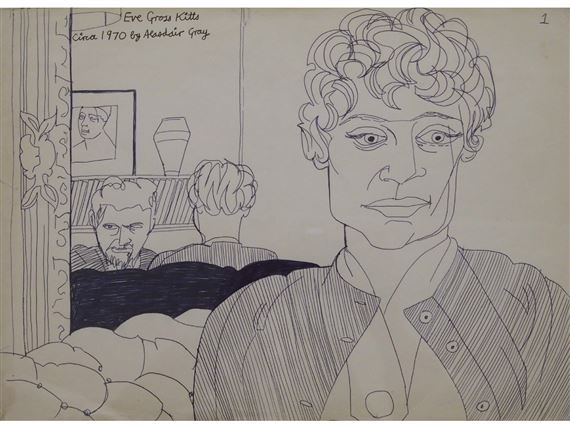 EVE GROSS KITTS TWO VIEWS, AND ONE OF THE ARTIST by Alasdair Gray, circa 1970