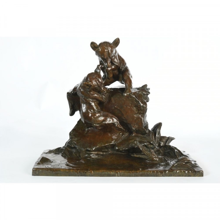 Artwork by Charles Paillet, Les oursons effrayés par un aligator, Made of Bronze