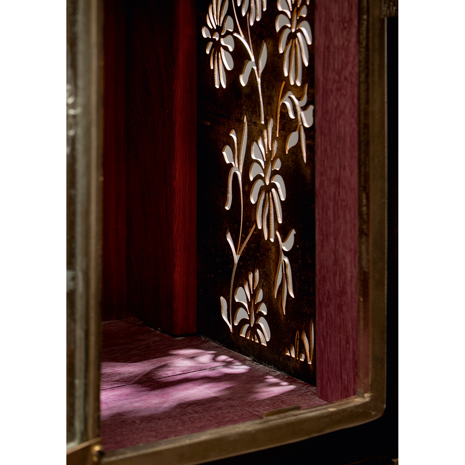Artwork by Gregory Nangle, Purple Flowered Steel China Cabinet with the Wind in its Hands, Made of Sand blast glass, steeln bronze and exotic wood