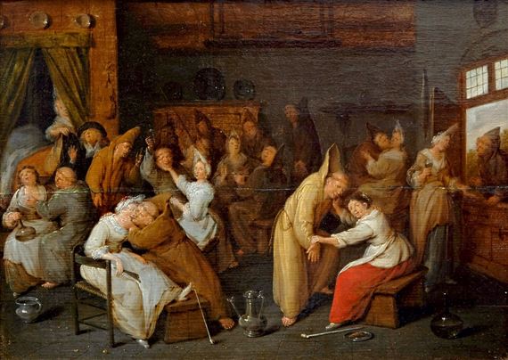 Moines en fête dans une Auberge Avec des Jeunes Femmes by Jan Jacobsz Molenaer